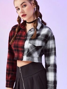 Rue21 Two-Tone Cropped Plaid Button-Down Shirt - Red & Black/White